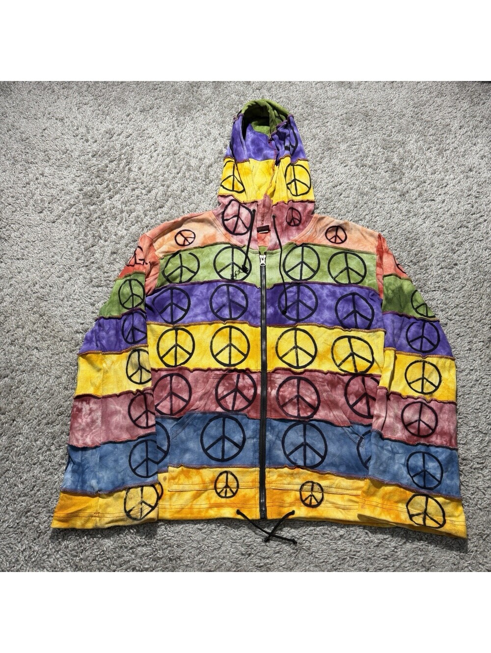 Vintage Y2K Hippie Hoodie Rainbow Stripe Peace Sign Boho Nepal Women's Small